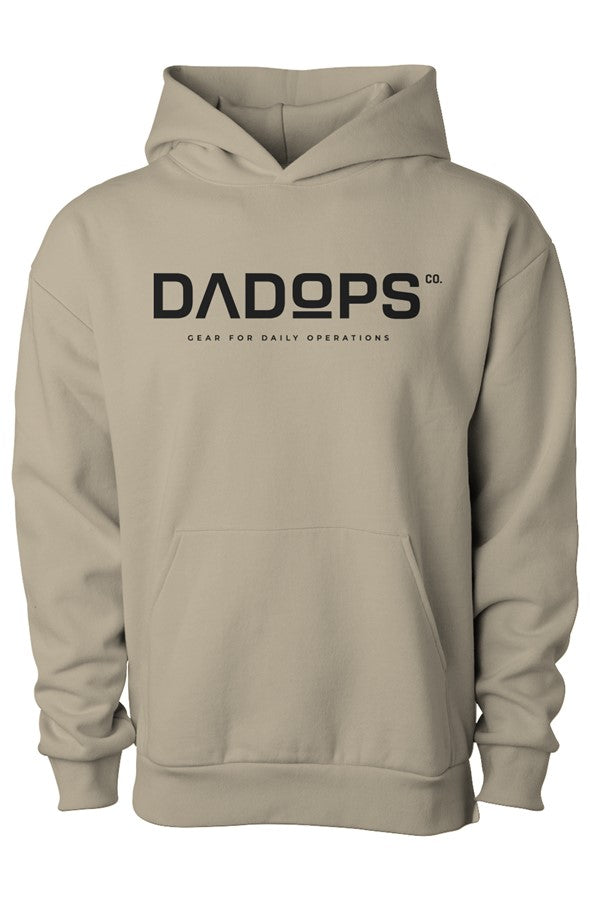 Beige hoodie with 'DADOPS' logo on a white background